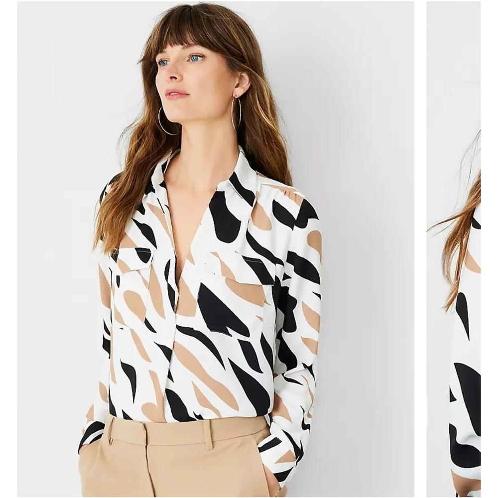 Ann Taylor Top Women's XXL Petite Abstract Animal AOP Camp Shirt Office‎ Preppy